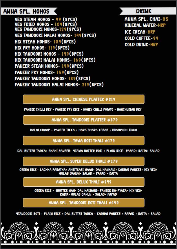 ANNA SOUTH INDIAN CHINESE FOOD CHAAT menu