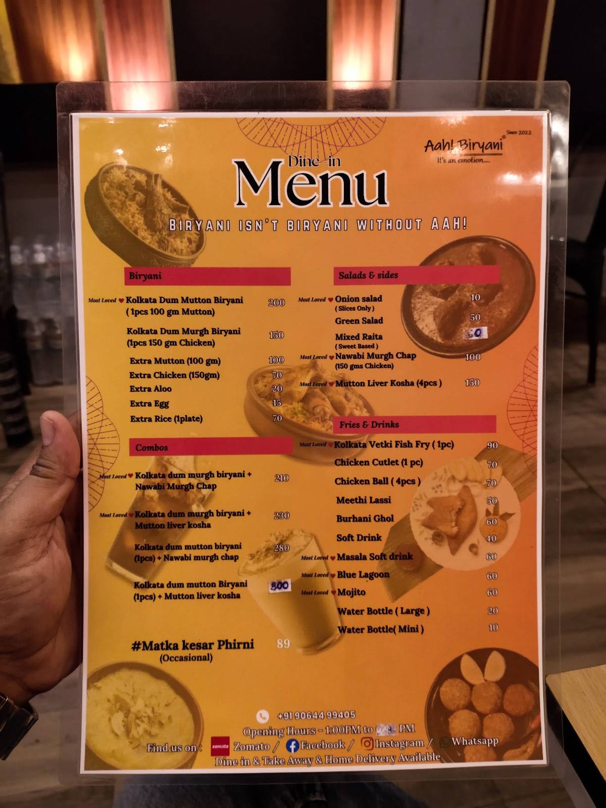 Aah Biryani menu