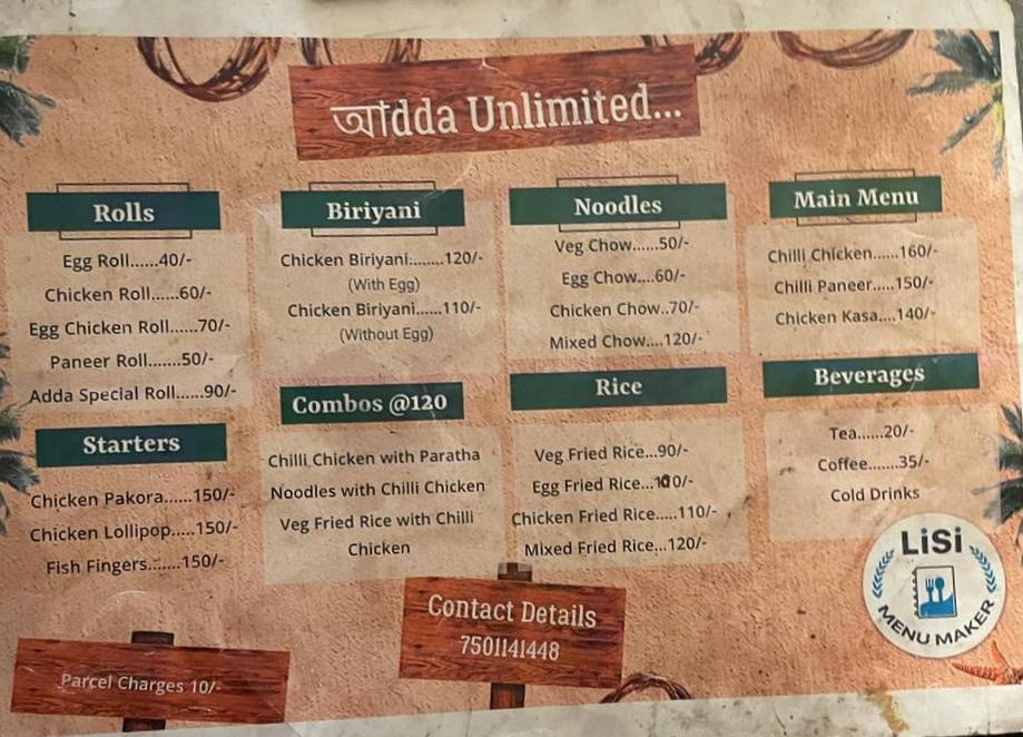 Adda Unlimited menu