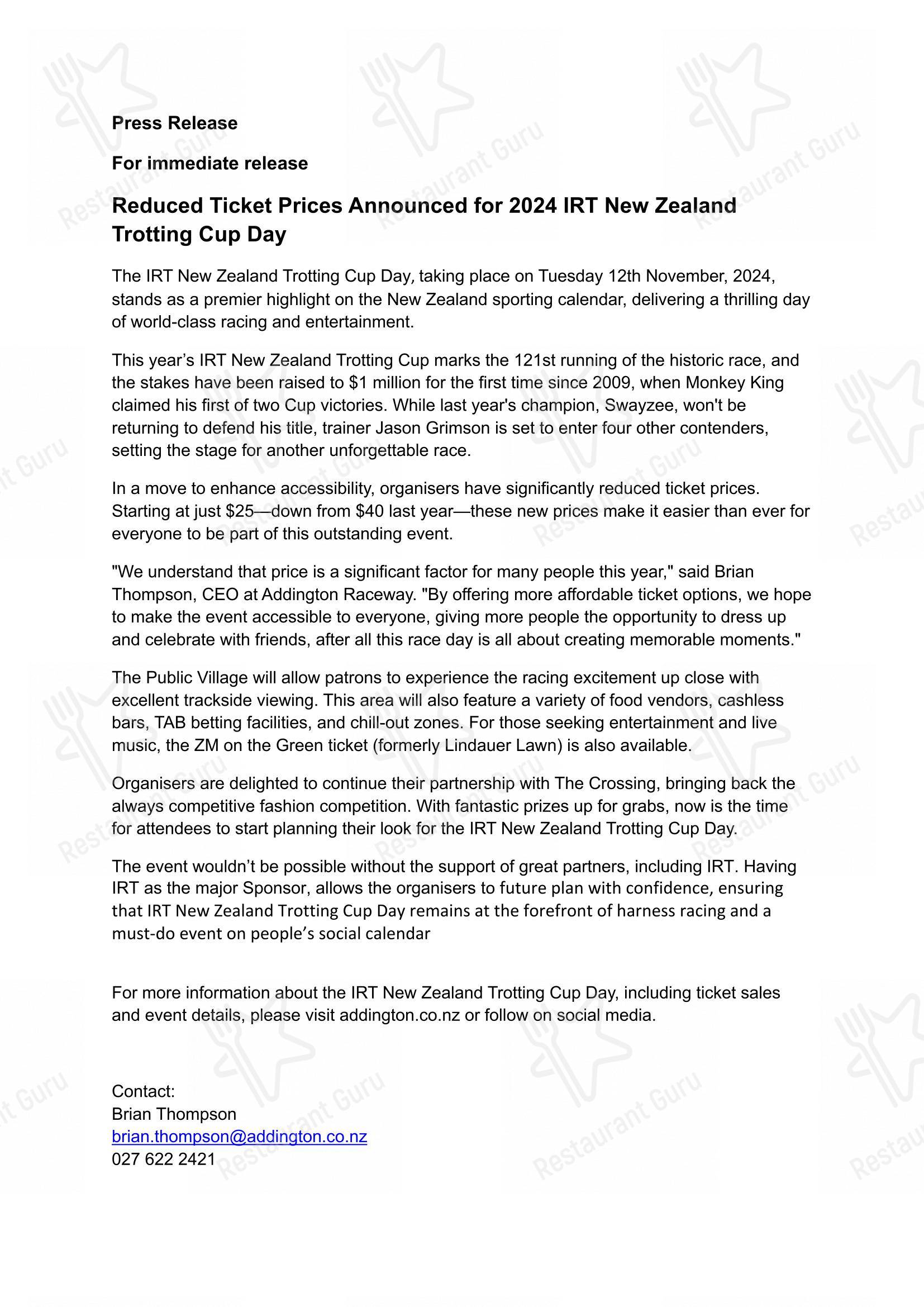 Menu at Addington Raceway & Events Centre, Christchurch