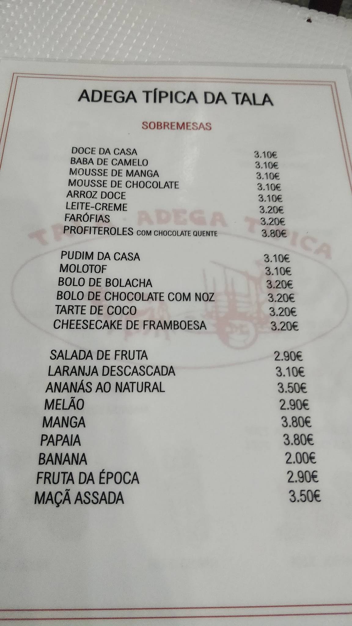 Menu Em Adega T Pica Da Tala Restaurante Sintra