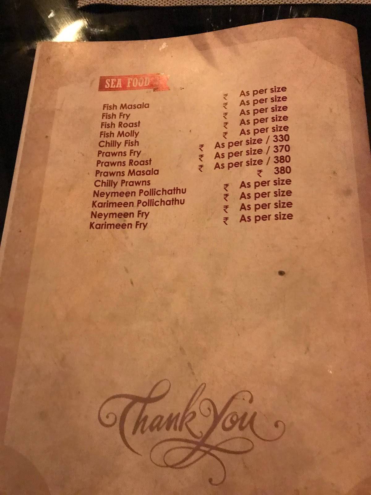 Hotel Aaramam menu