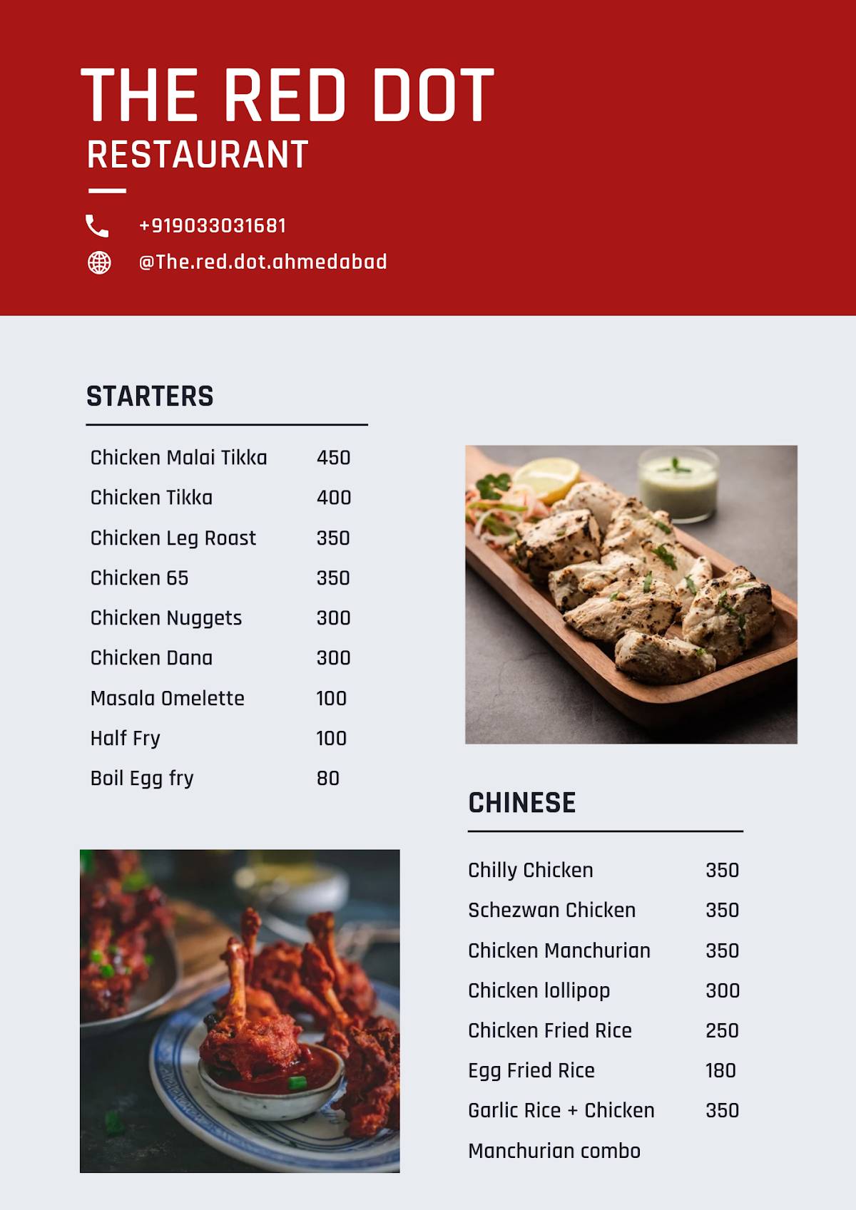 The Red Dot, Bopal menu