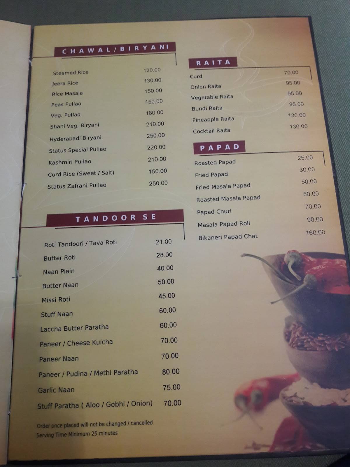 Status Restaurant menu