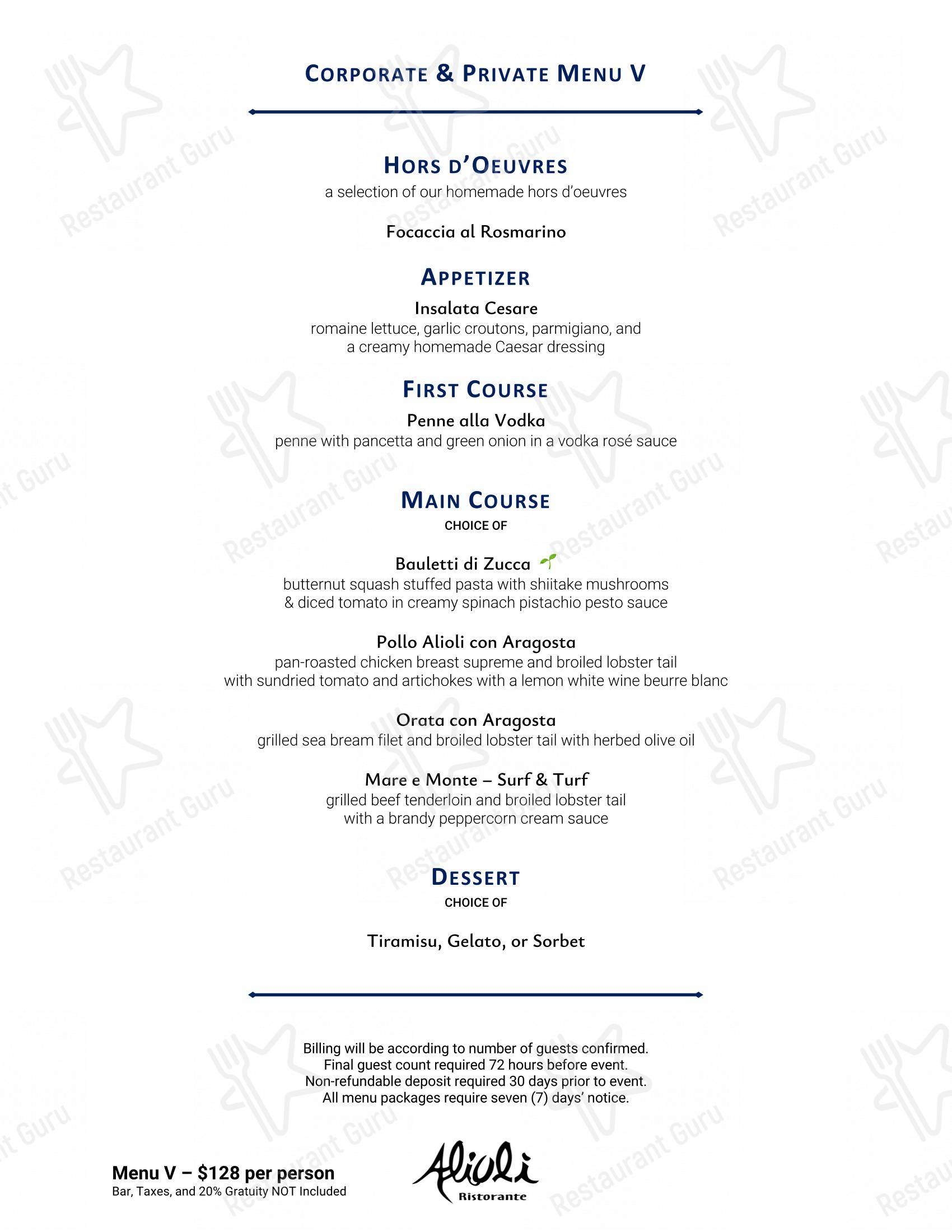 Menu pour Alioli Ristorante - Menu bar