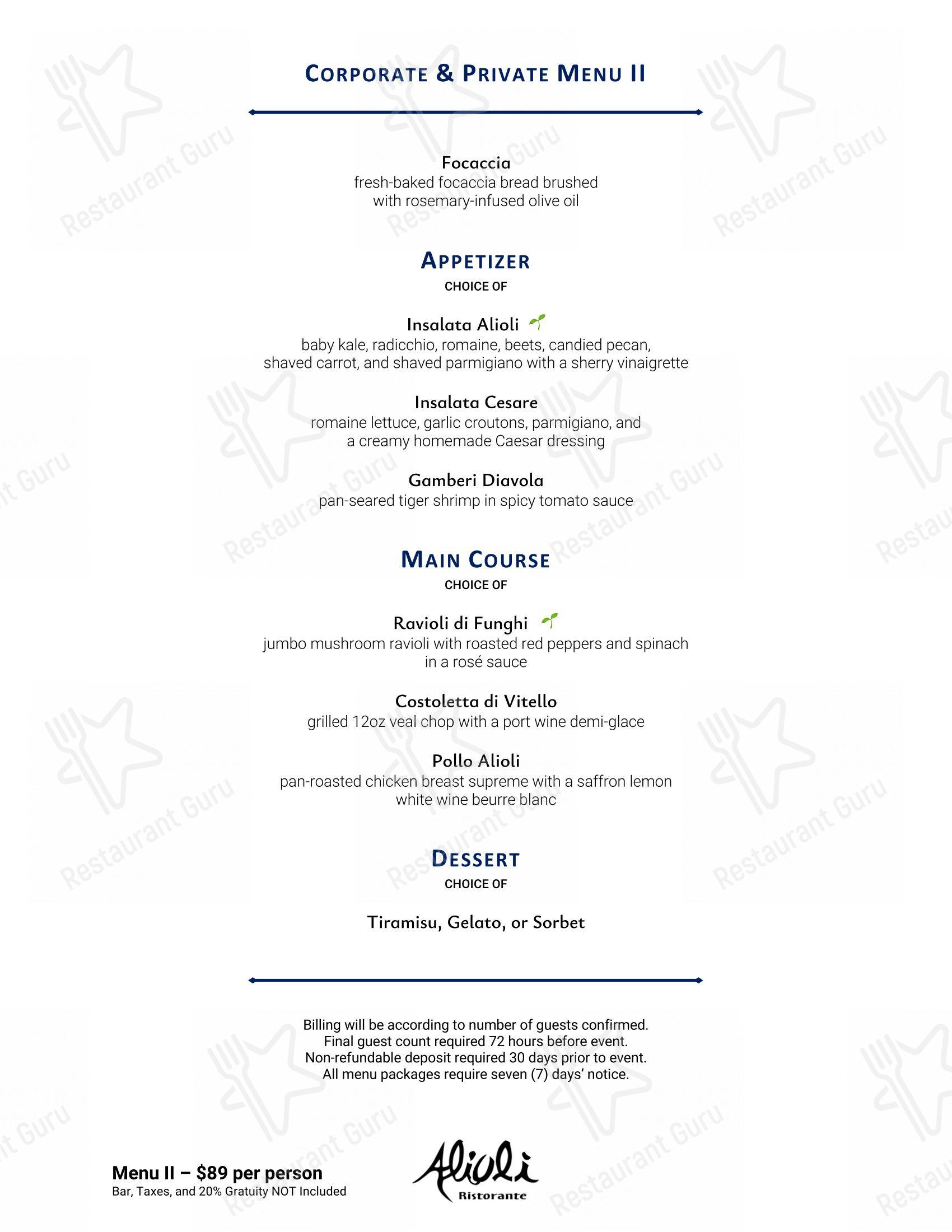 Menu bar pour Alioli Ristorante restaurant