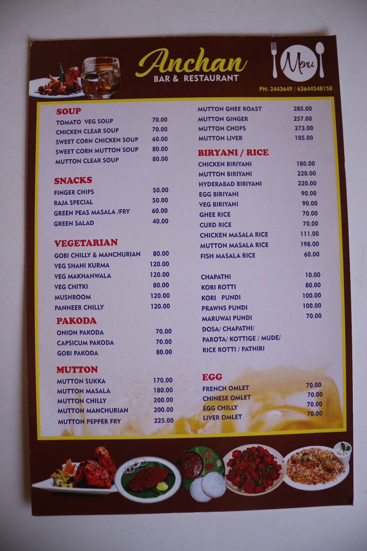 Anchan Bar & Restaurant menu