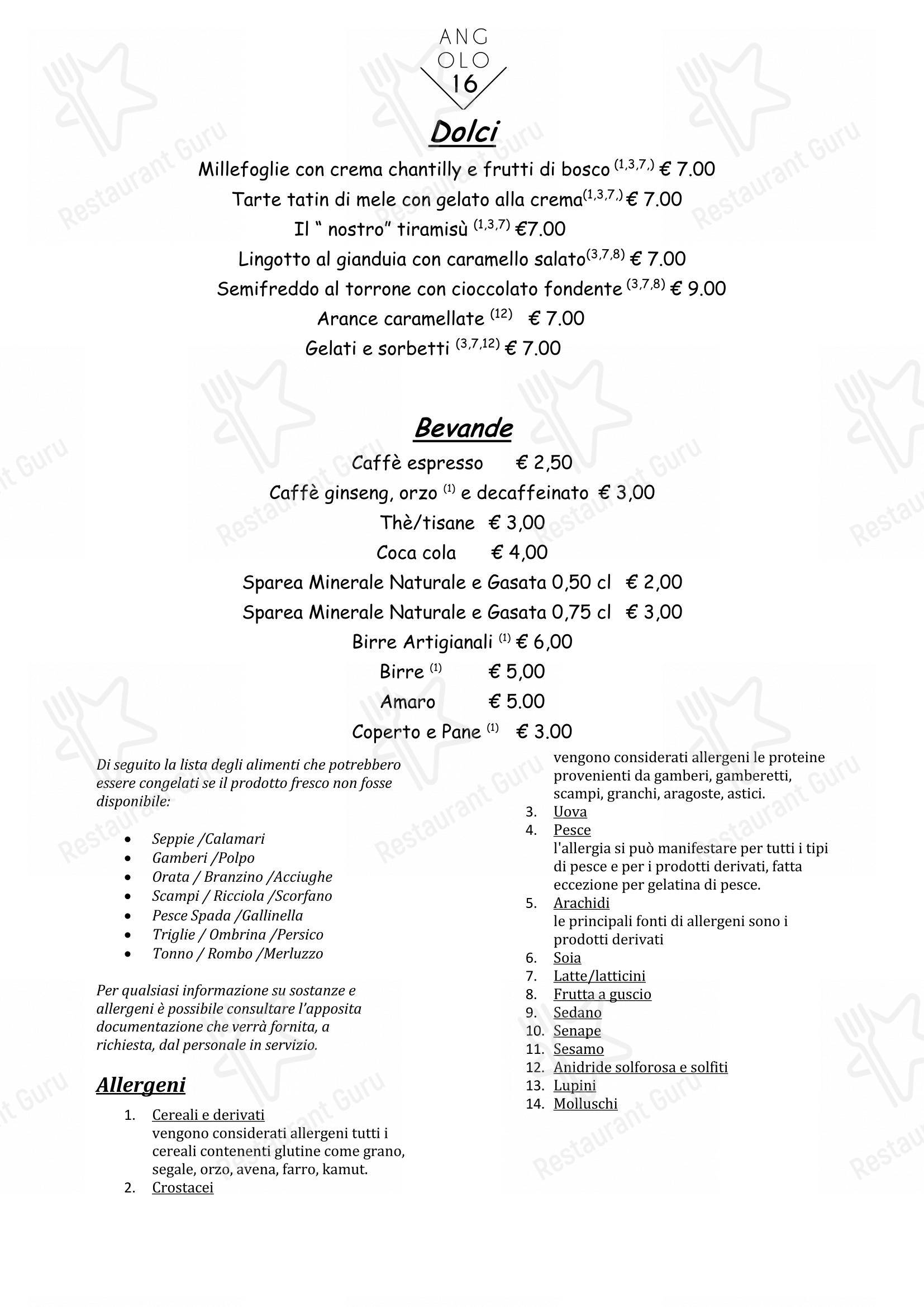 Основное меню per Angolo16 ristorante