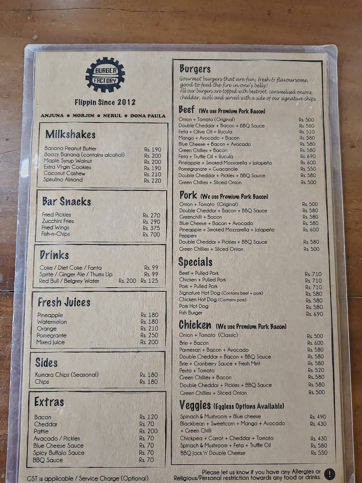 Burger Factory menu