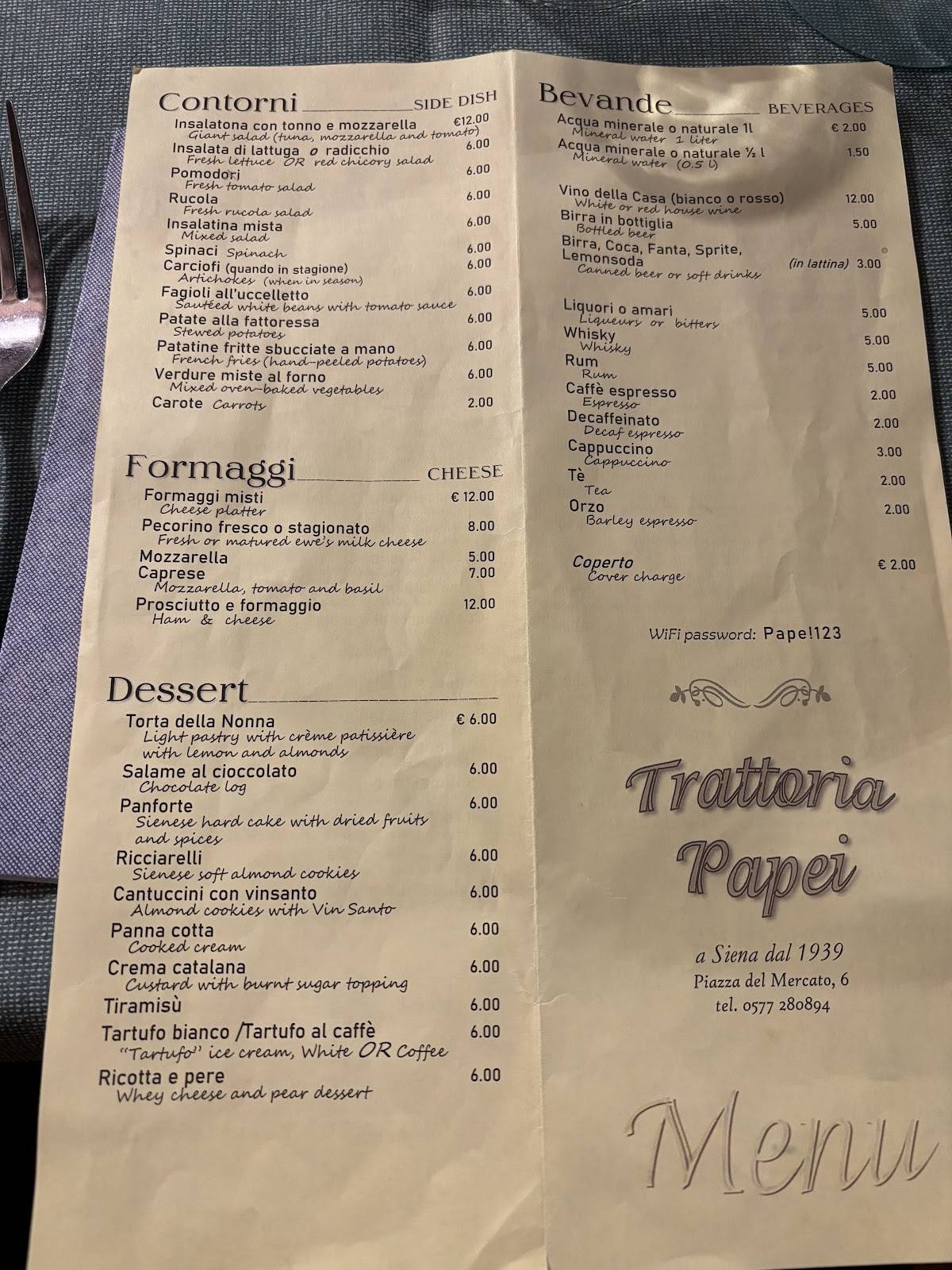 Menu di Antica Trattoria Papei 