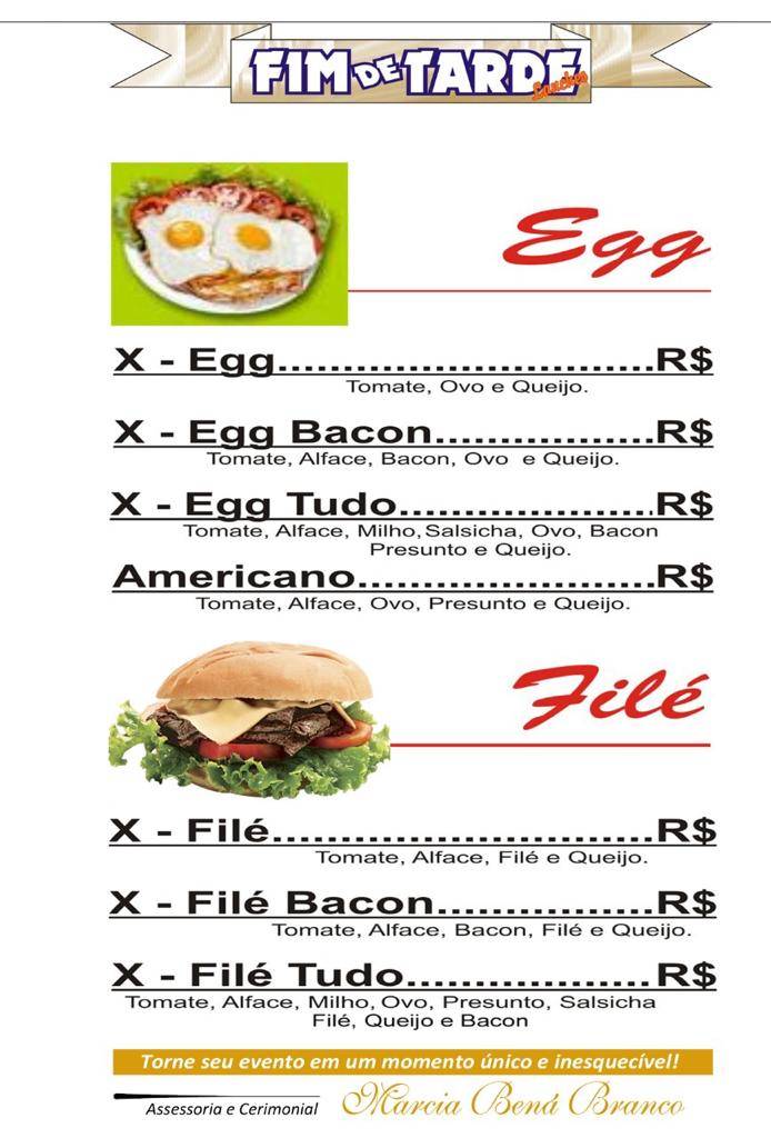 Fim de Tarde Lanches cardápio