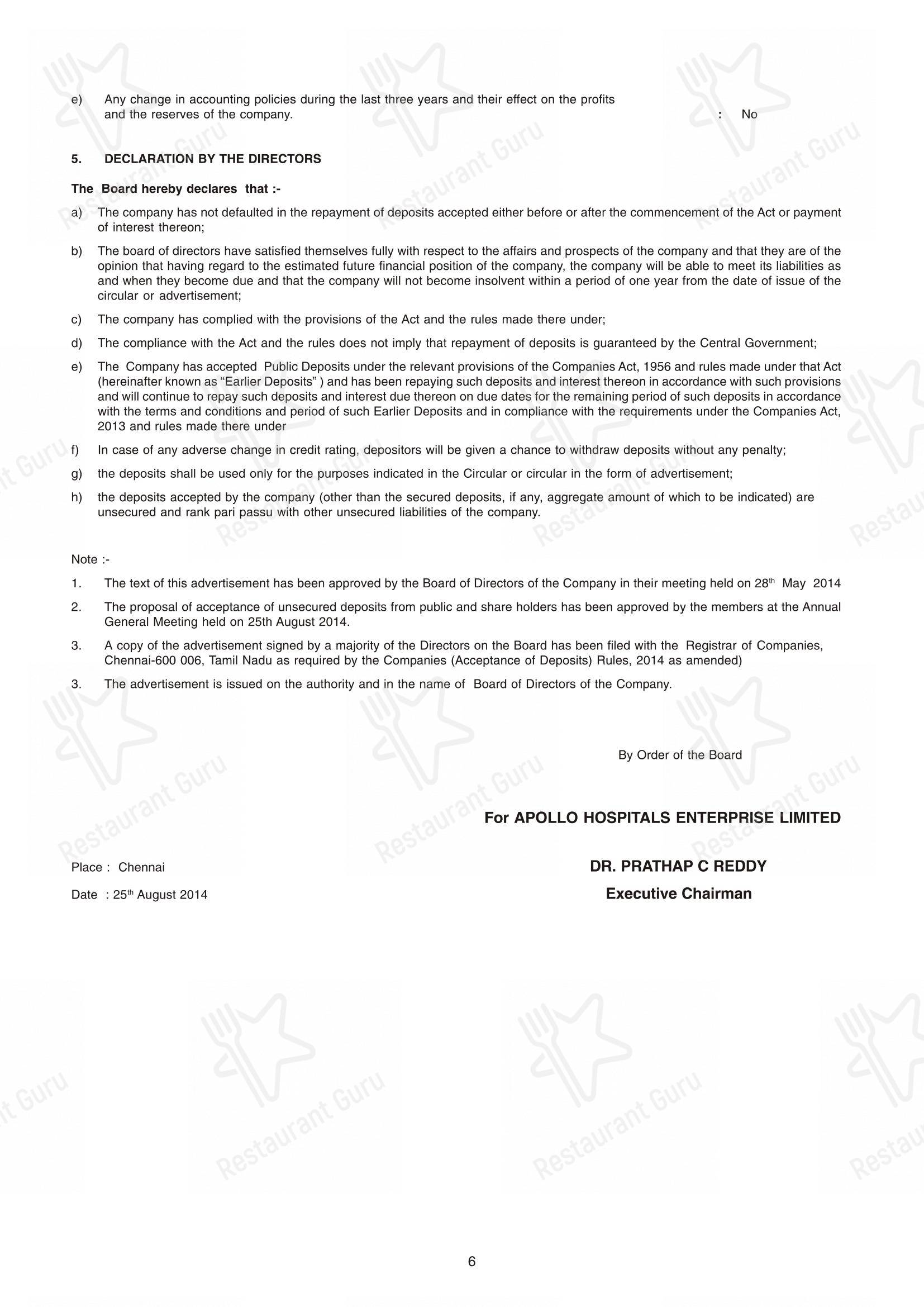 Menu for the Apollo Hospitals Bilaspur restaurant