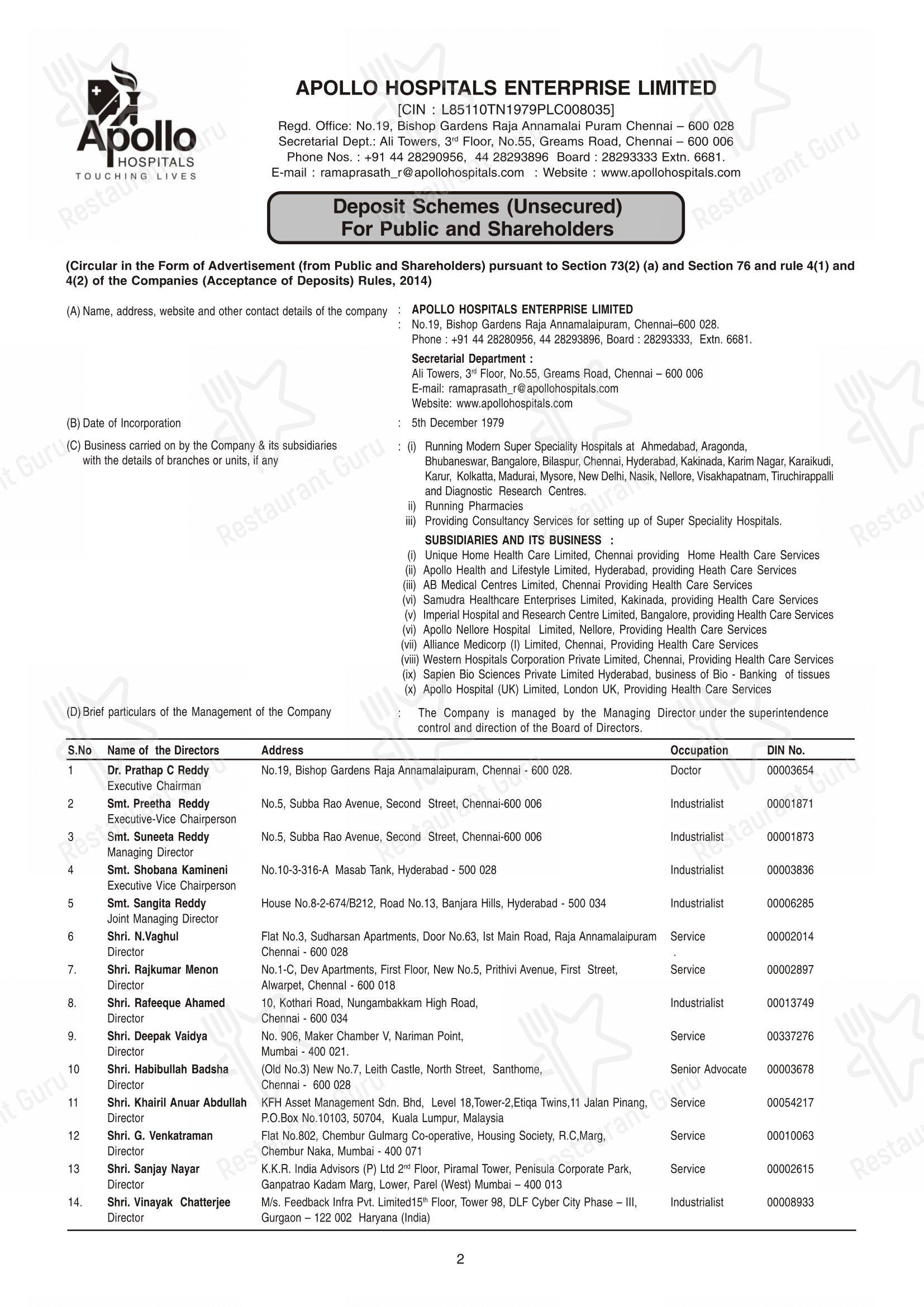 Apollo Hospitals Bilaspur in Bilaspur - Menu