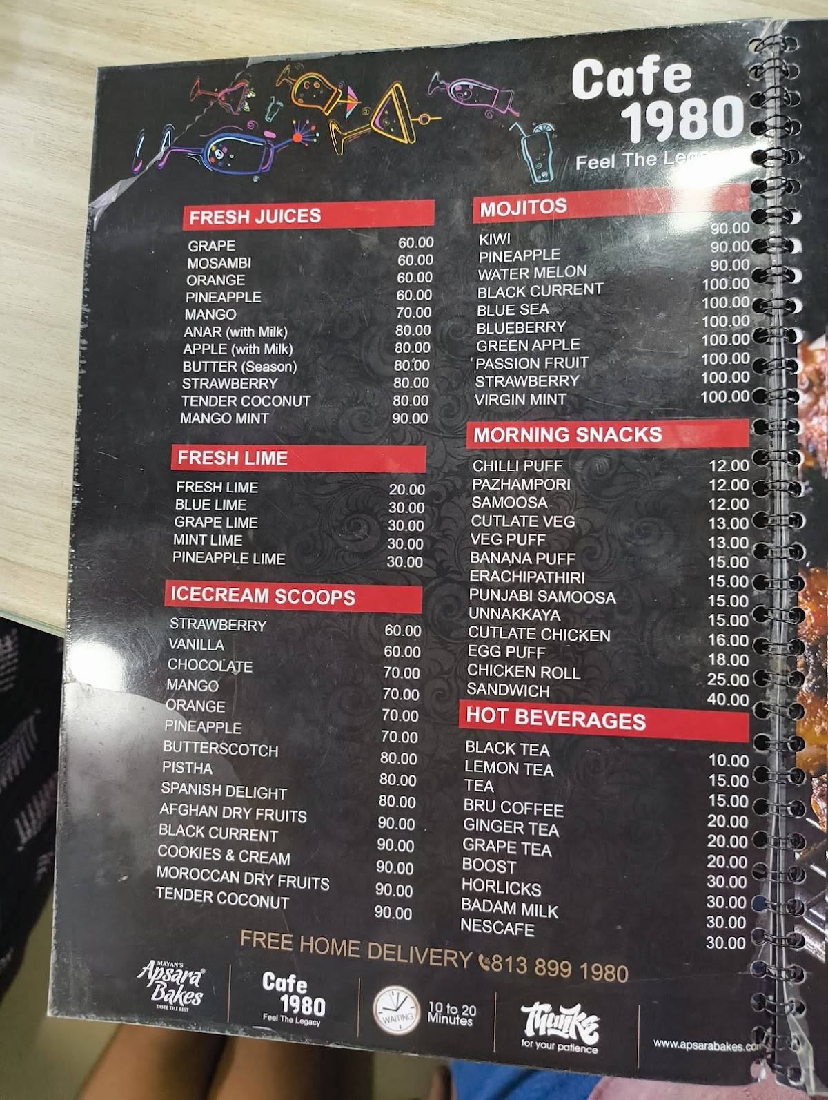 Apsara Bakes and cafe 1980 menu