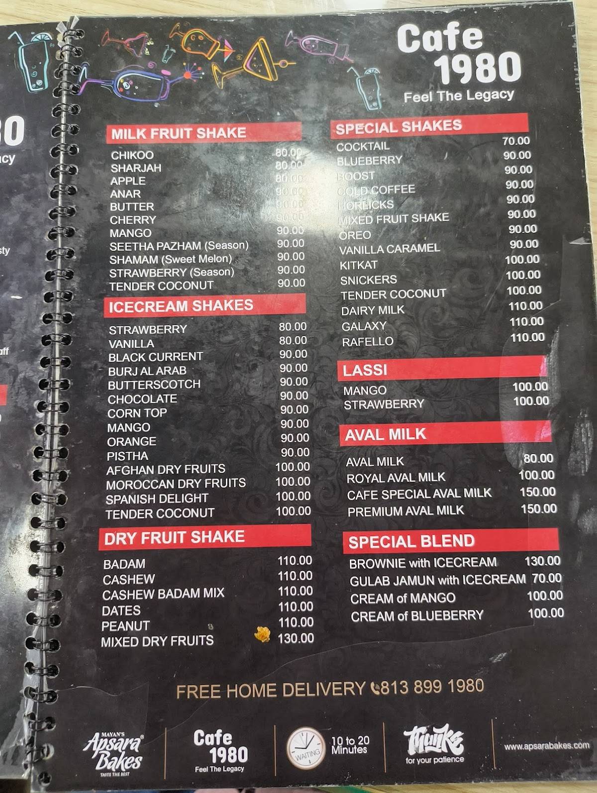 Apsara Bakes and cafe 1980 menu