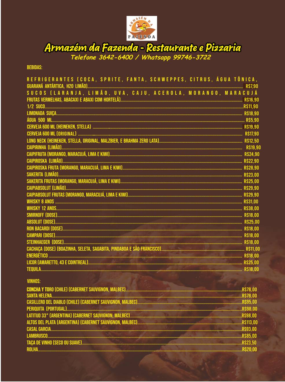 Armazém da Fazenda - Restaurante e Pizzaria cardápio