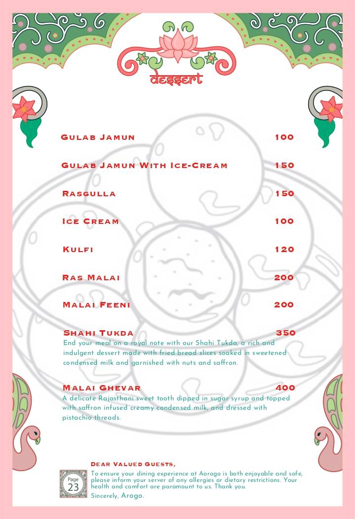 Arogo Restaurant menu