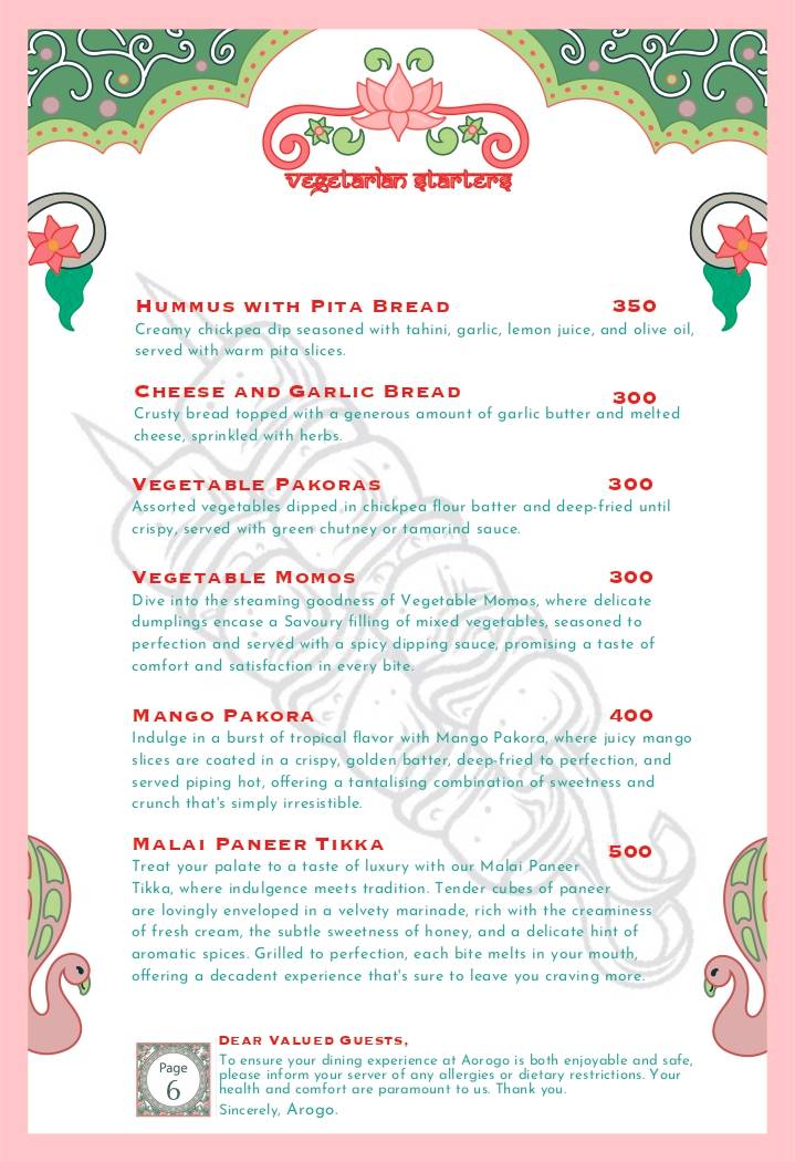 Arogo Restaurant menu