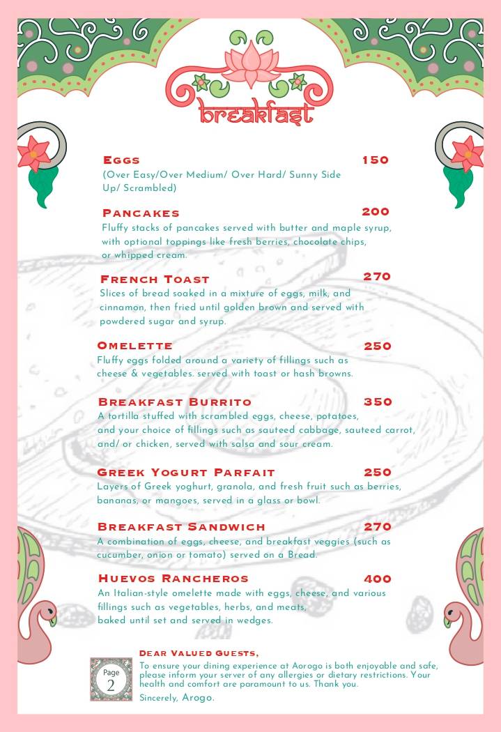 Arogo Restaurant menu