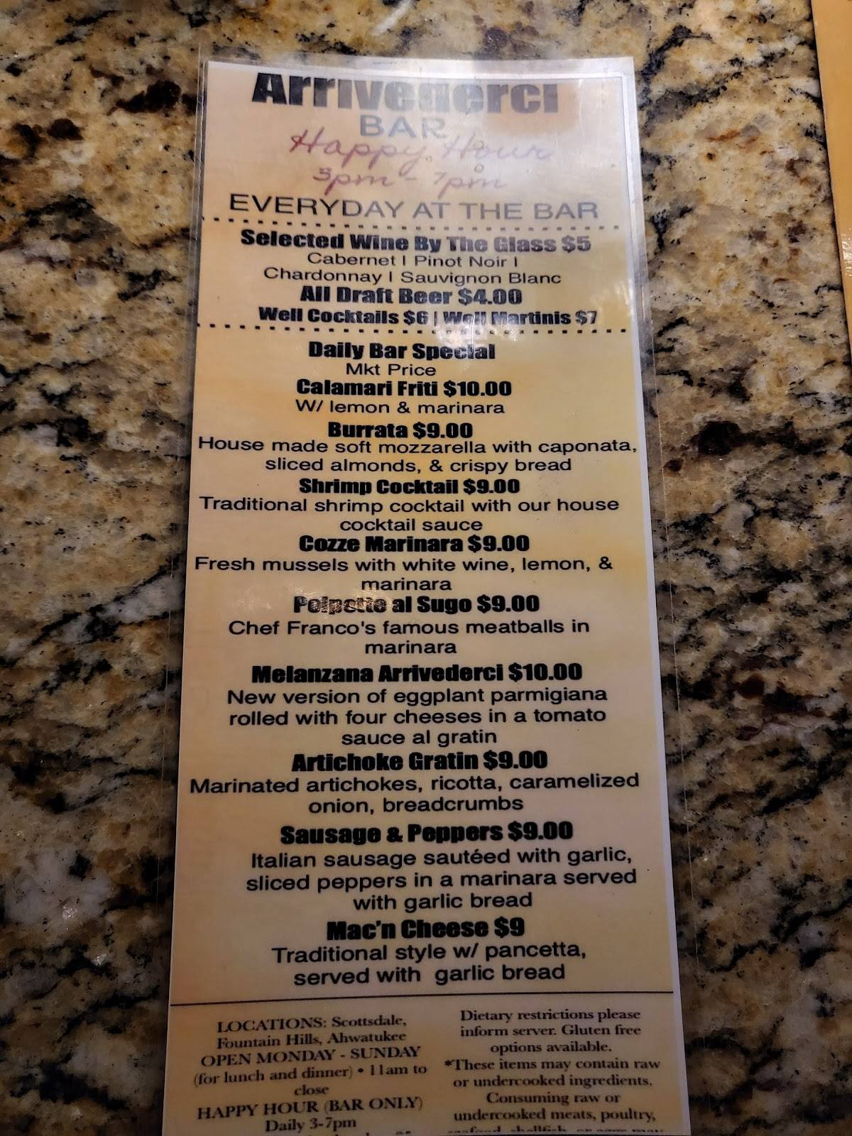 Menu at Arrivederci Cucina Italiana restaurant, Fountain Hills