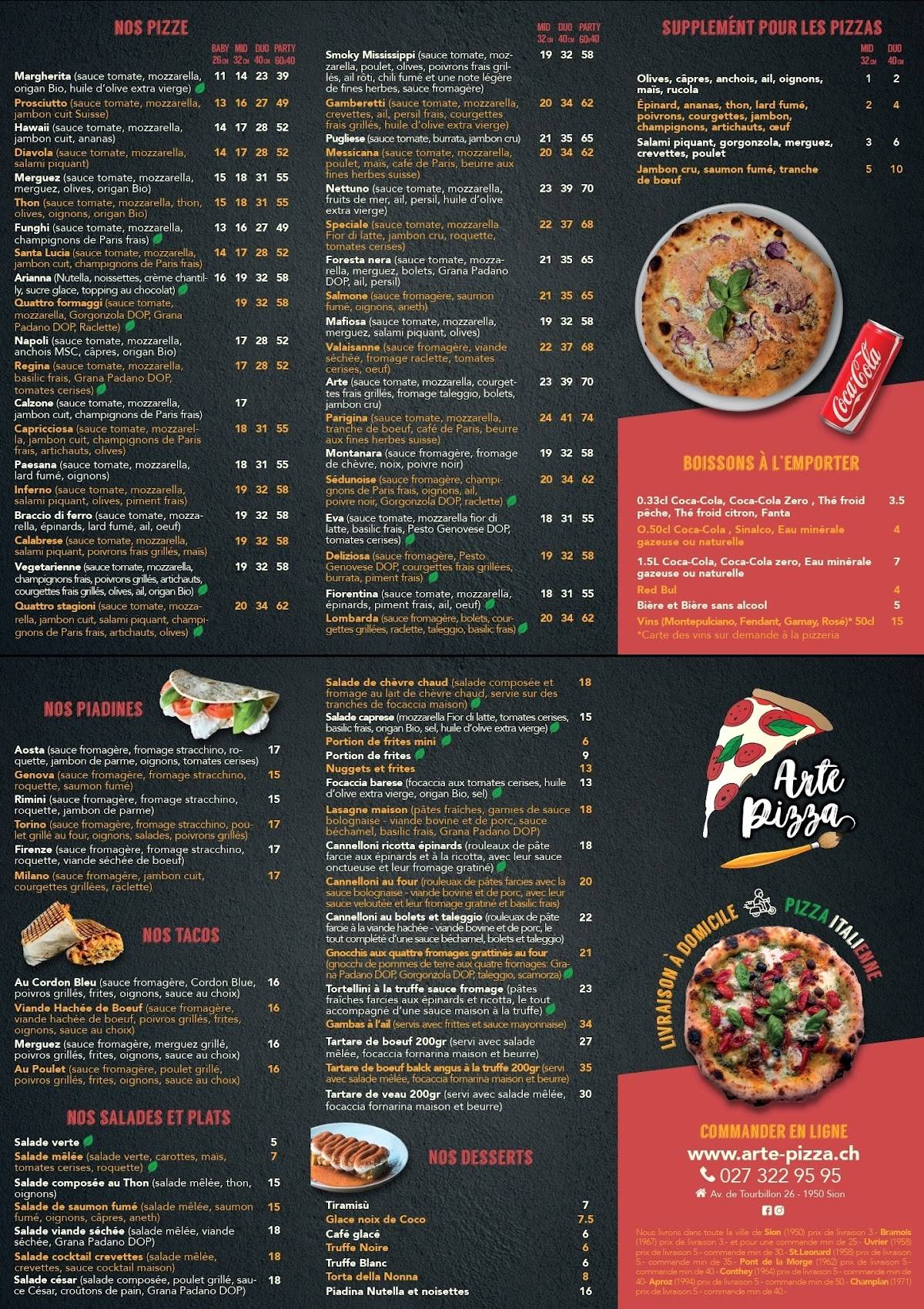 Menu di Arte Pizza Sion 