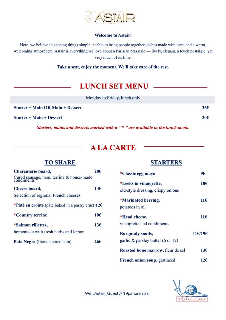 Menu de Astair