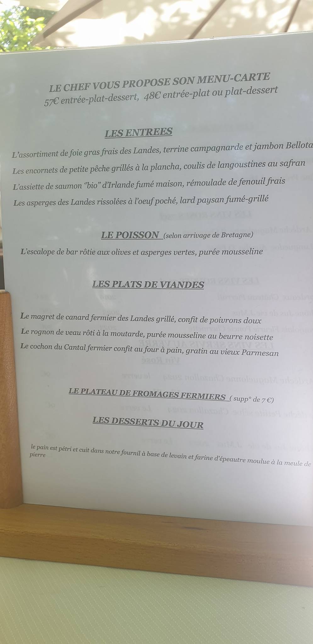 Menu de Au Cœur de la Forêt