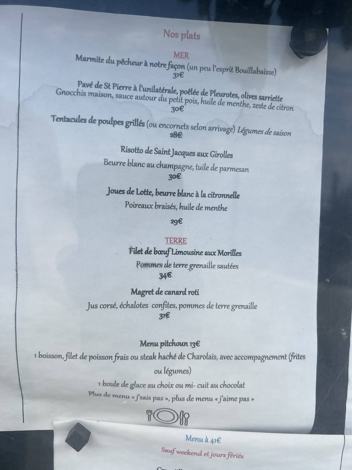 Menu de Auberge Du Mérou