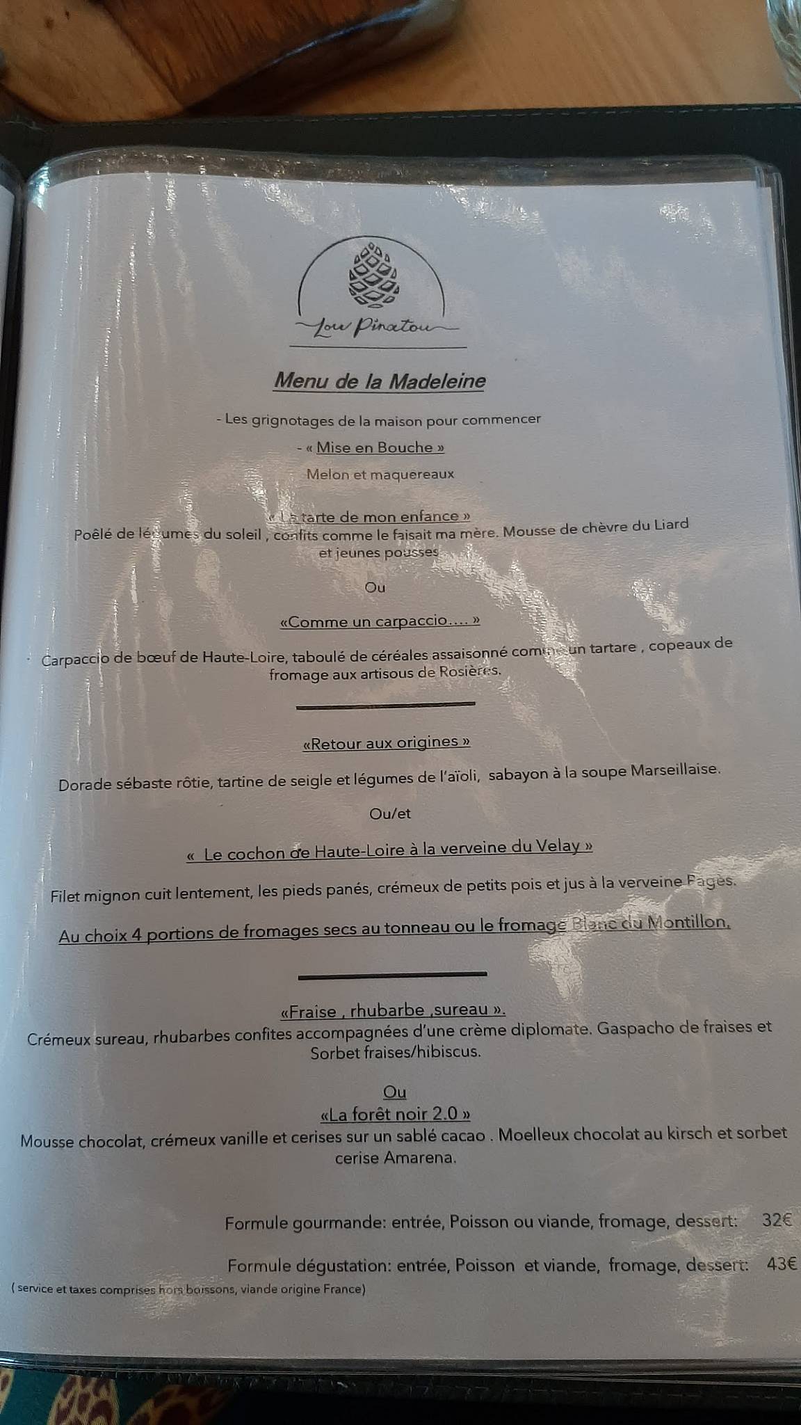 Menu de Auberge Lou Pinatou