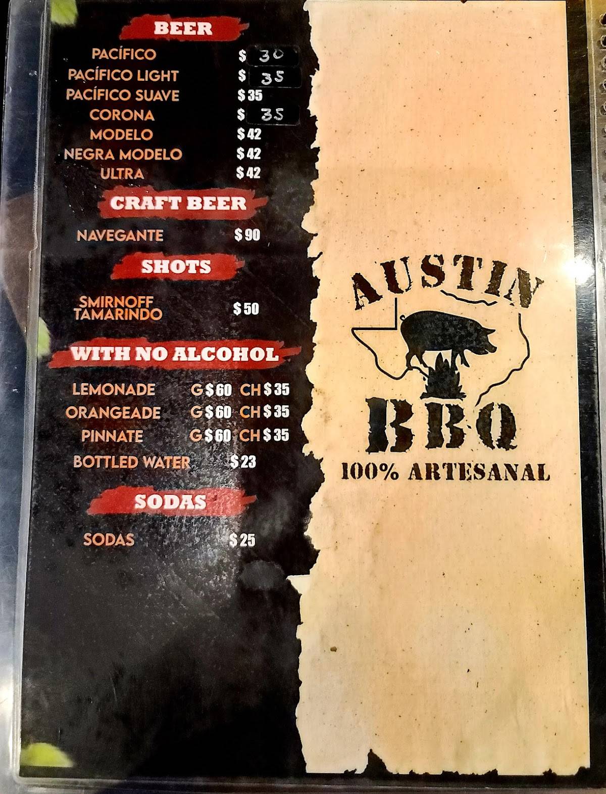 Menu at Austin’s BBQ, Mazatlán