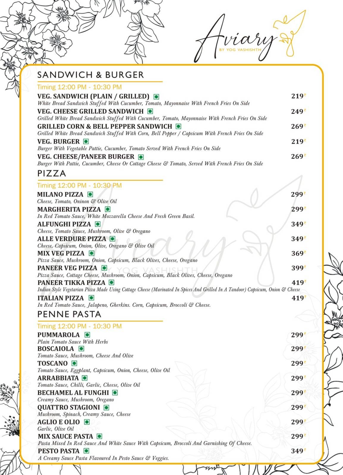 Aviary Cafe Rishikesh menu