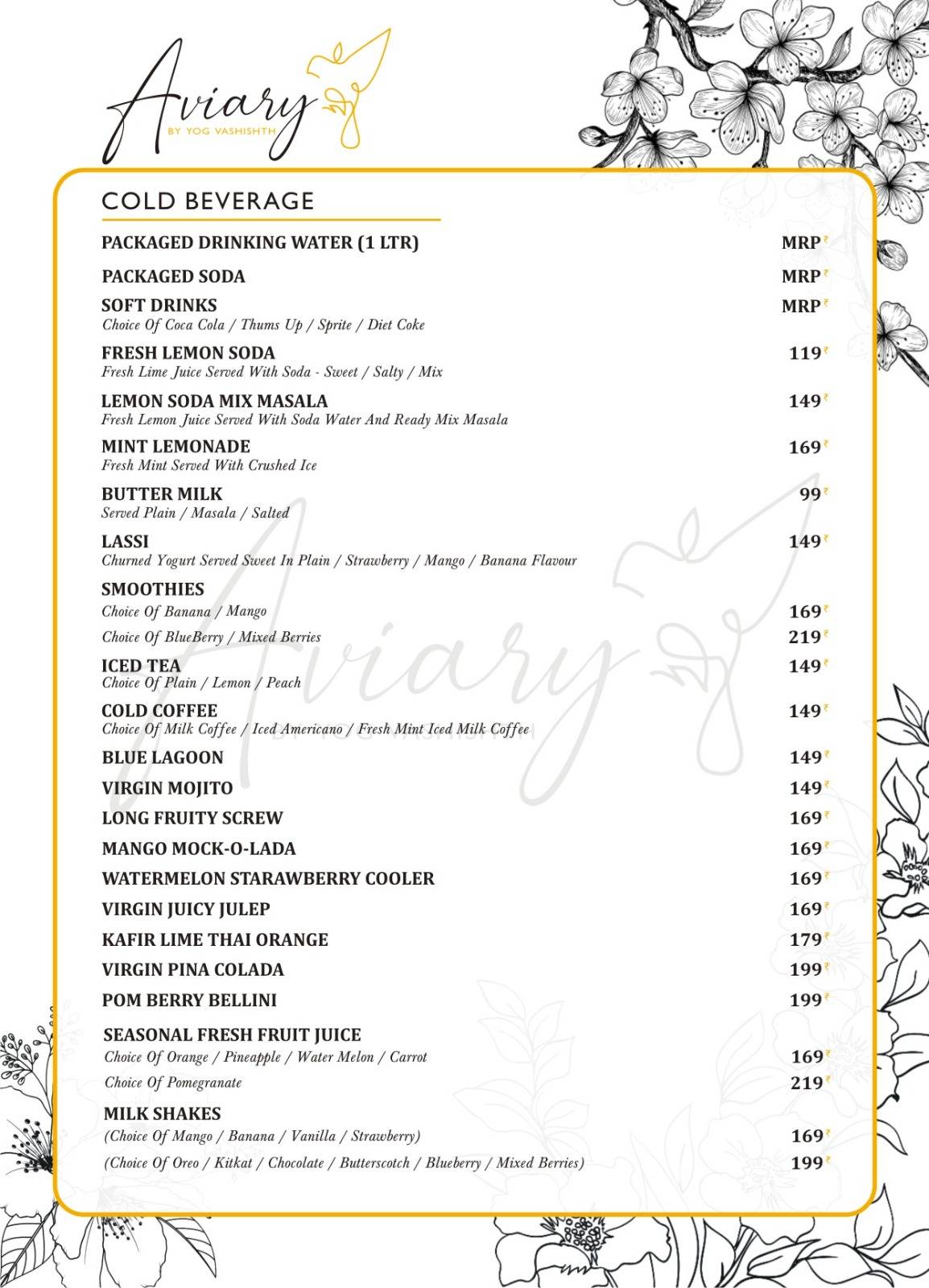 Aviary Cafe Rishikesh menu