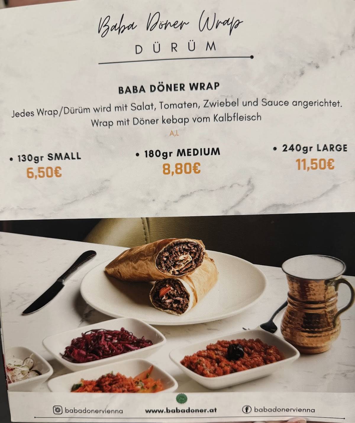 Speisekarte von BABA Döner restaurant, Wien