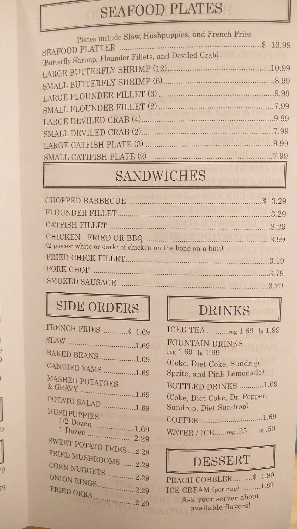 Menu at Joe's Old Fashioned Barbecue, Whiteville, 500 Green Hill Dr