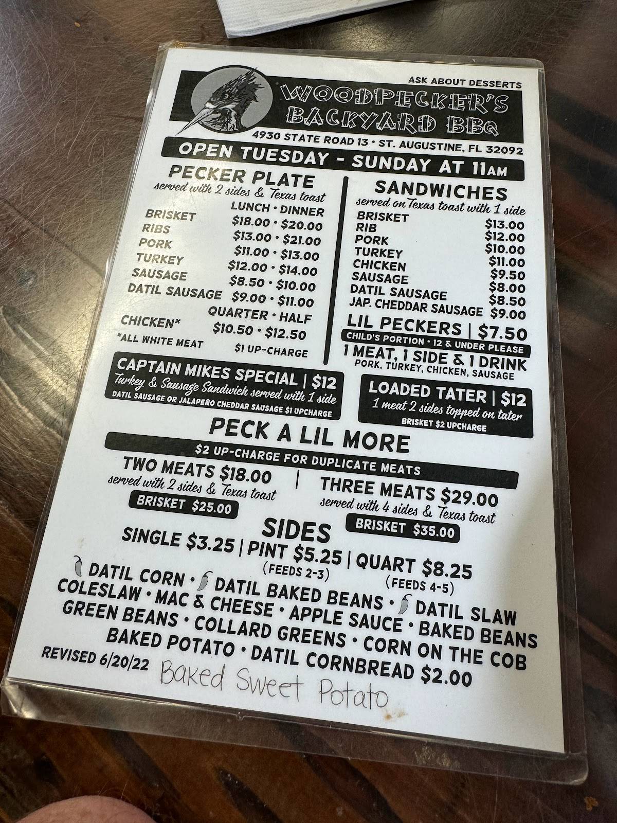 Menu at Woodpeckers Backyard BBQ, Jacksonville