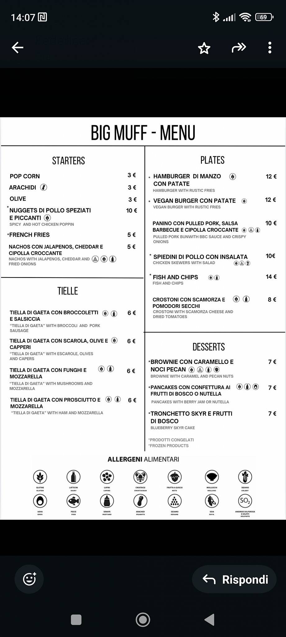 Menu de BIG MUFF