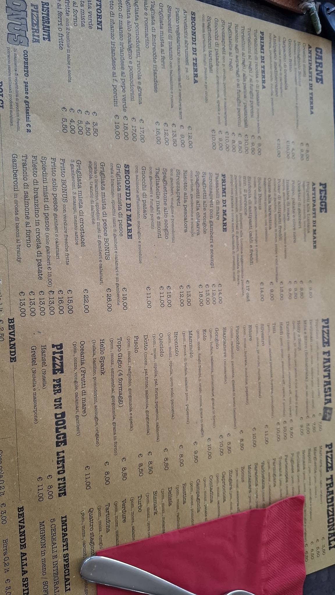 Menu di BONUS RISTORANTE PIZZERIA SPECIALITÀ PESCE 