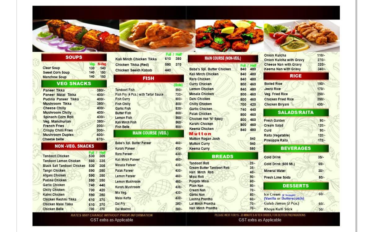 Baba Chicken, Patiala menu