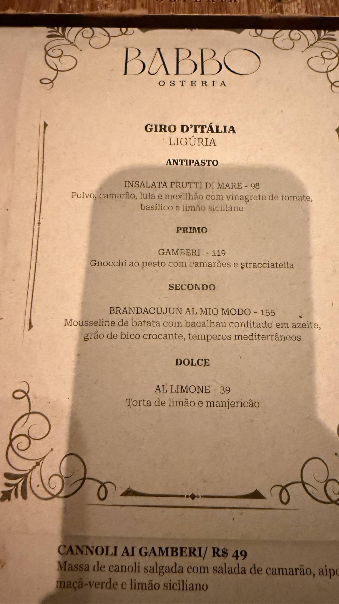 Babbo Osteria cardápio