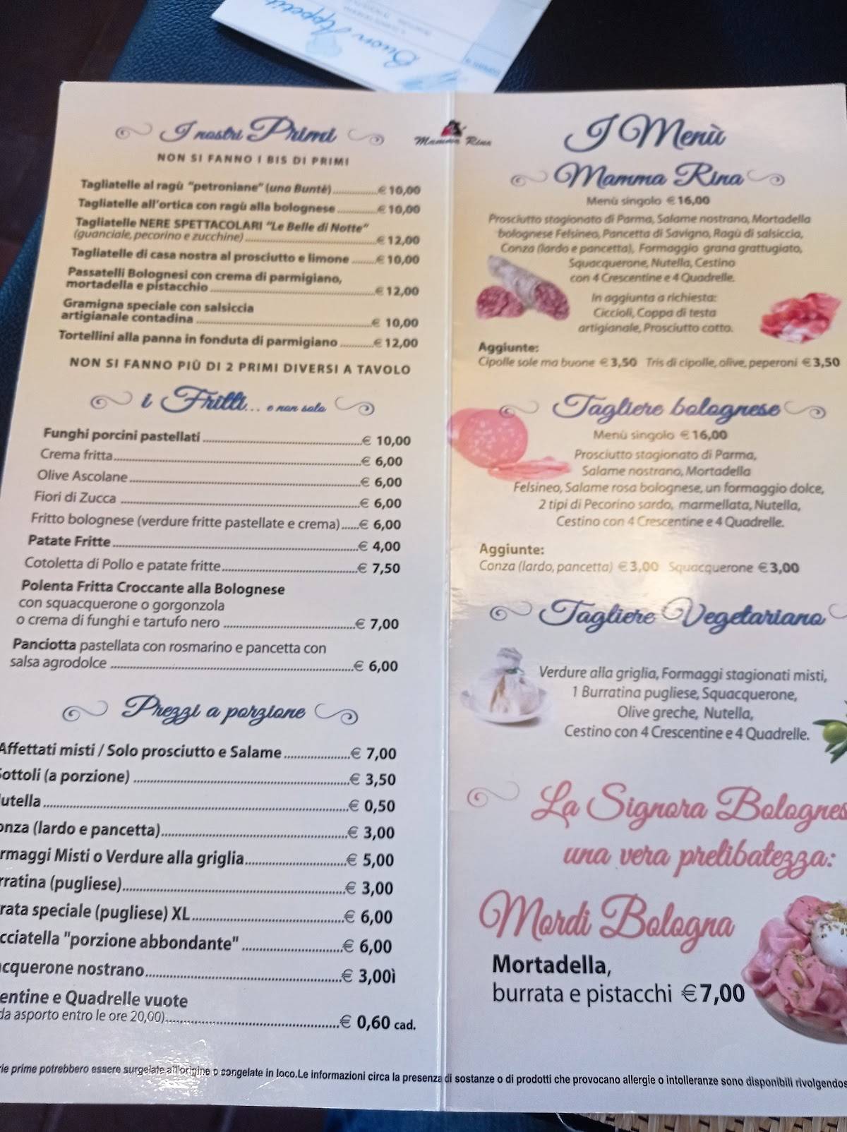 Menu di Baita Mamma Rina - Crescentine e Tigelle 