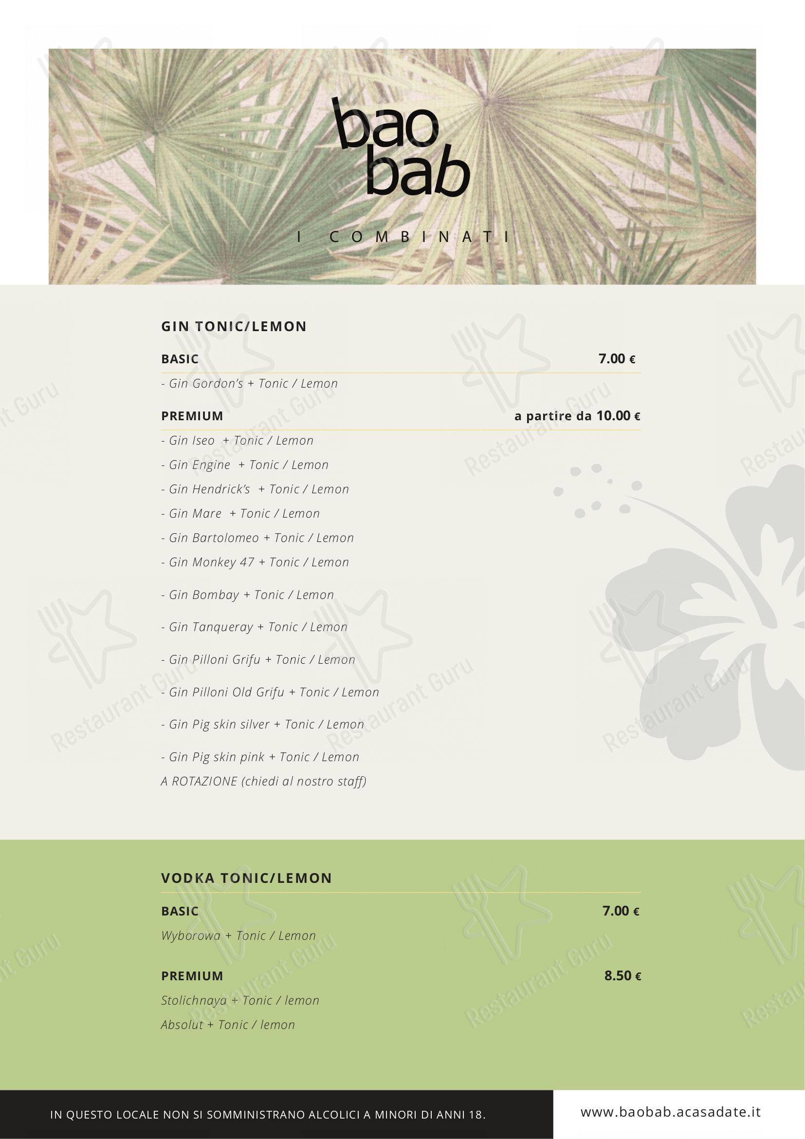 Menu per Baobab lounge cafè - pizzeria - business lunch in Pisogne