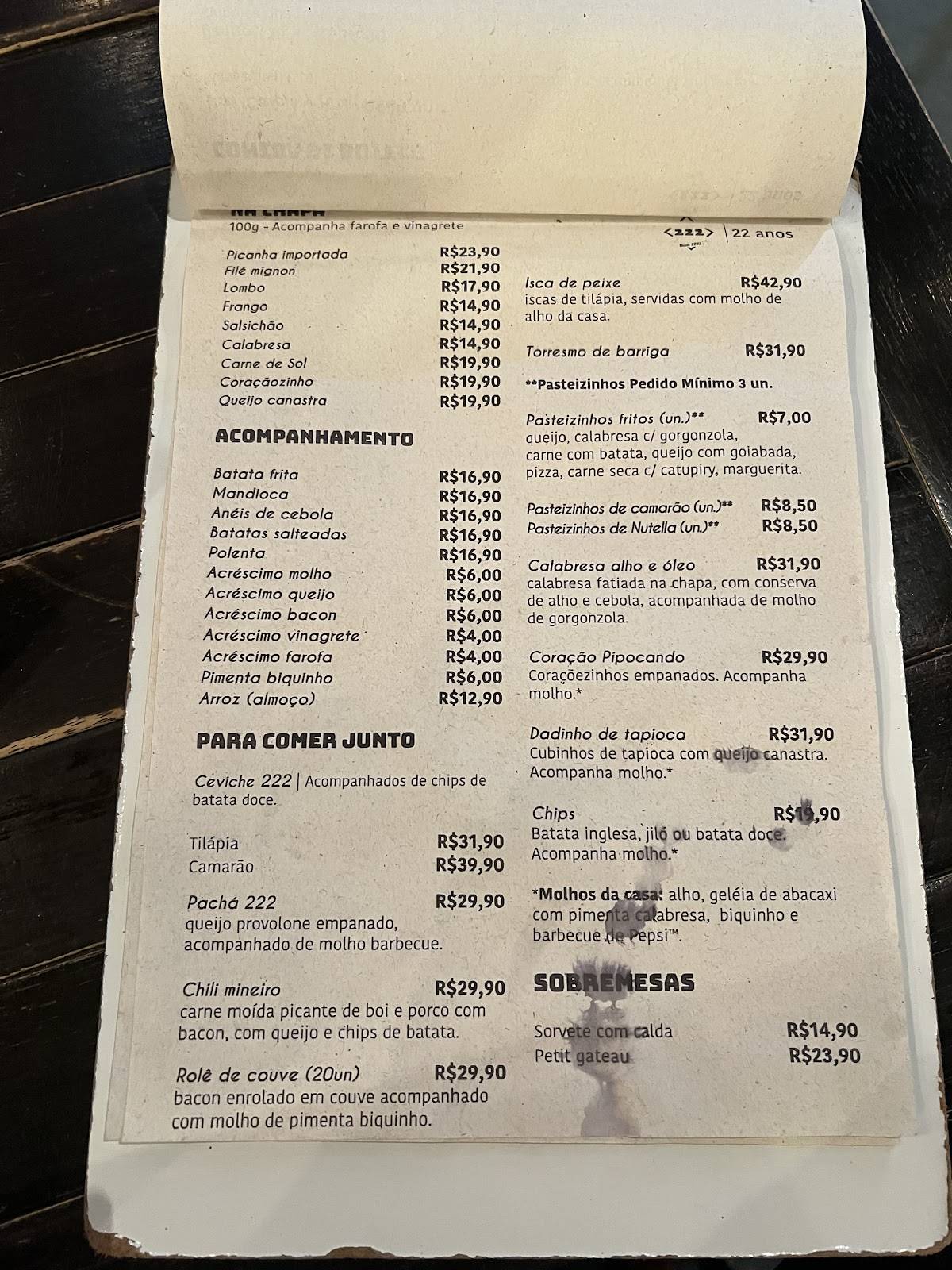 Bar 222 cardápio