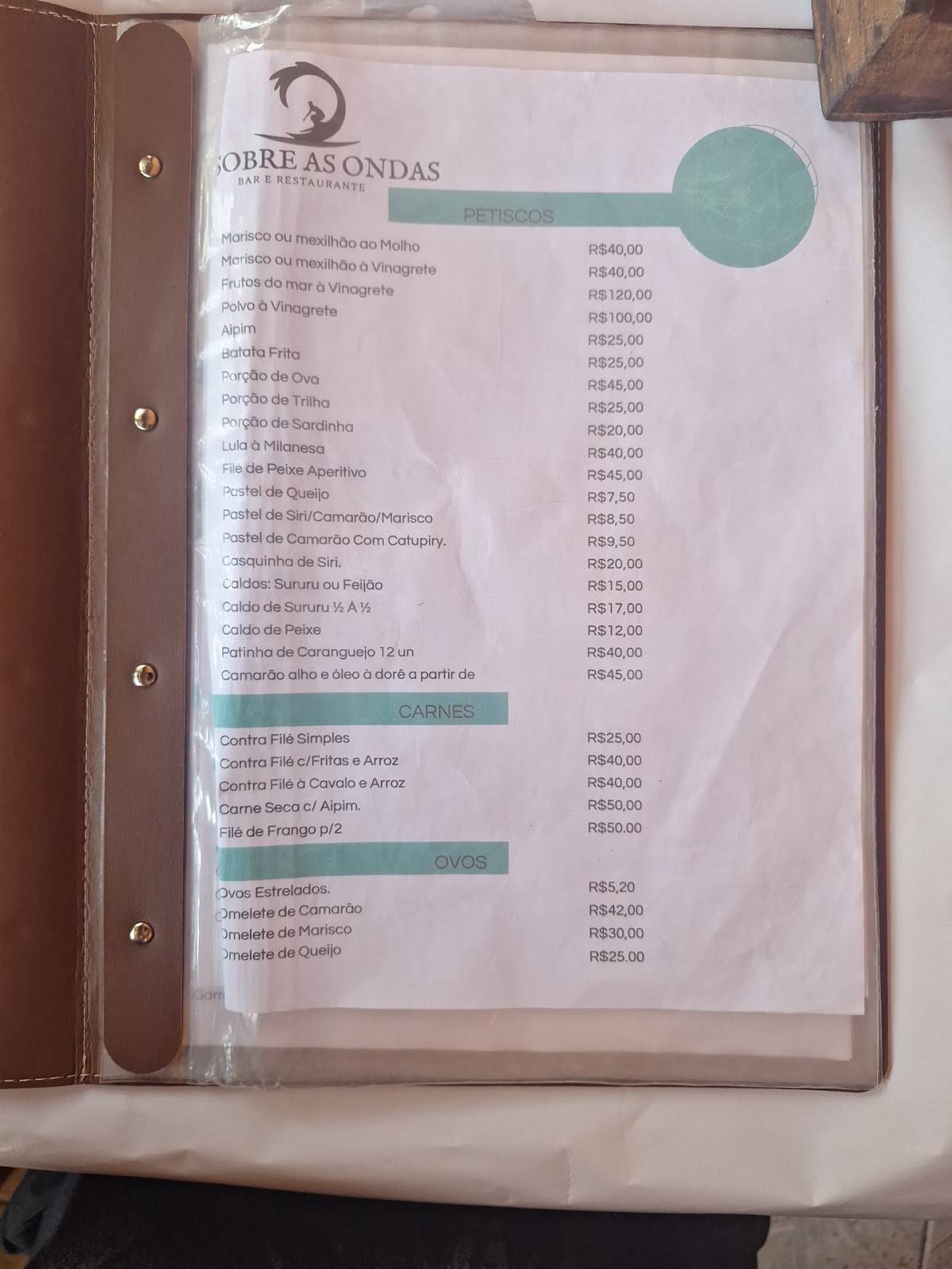 Bar e Restaurante Sobre as Ondas cardápio