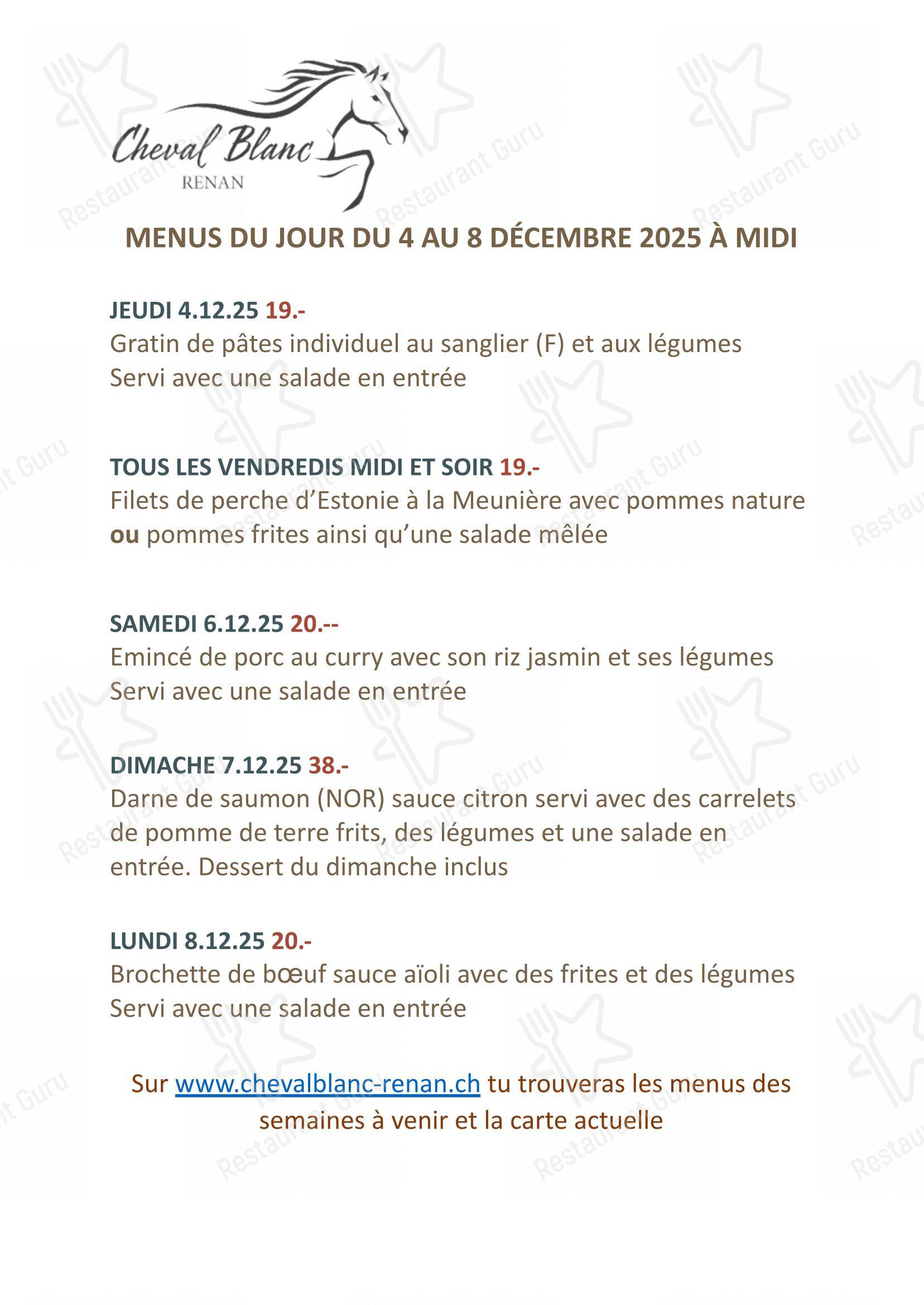 Menu pour Cheval Blanc Renan Restaurant - Menu