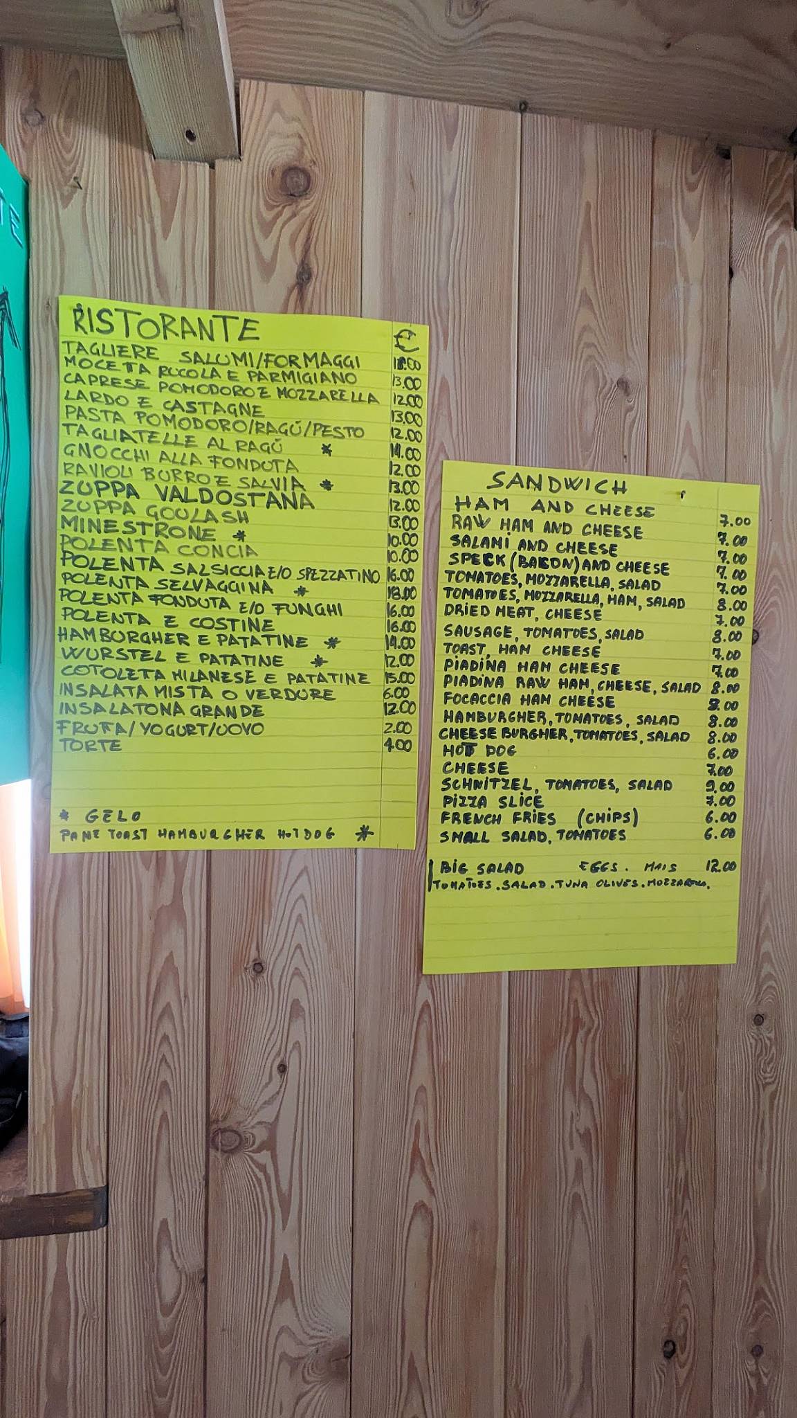 Menu di Bar ristorante tavola calda del Crest 