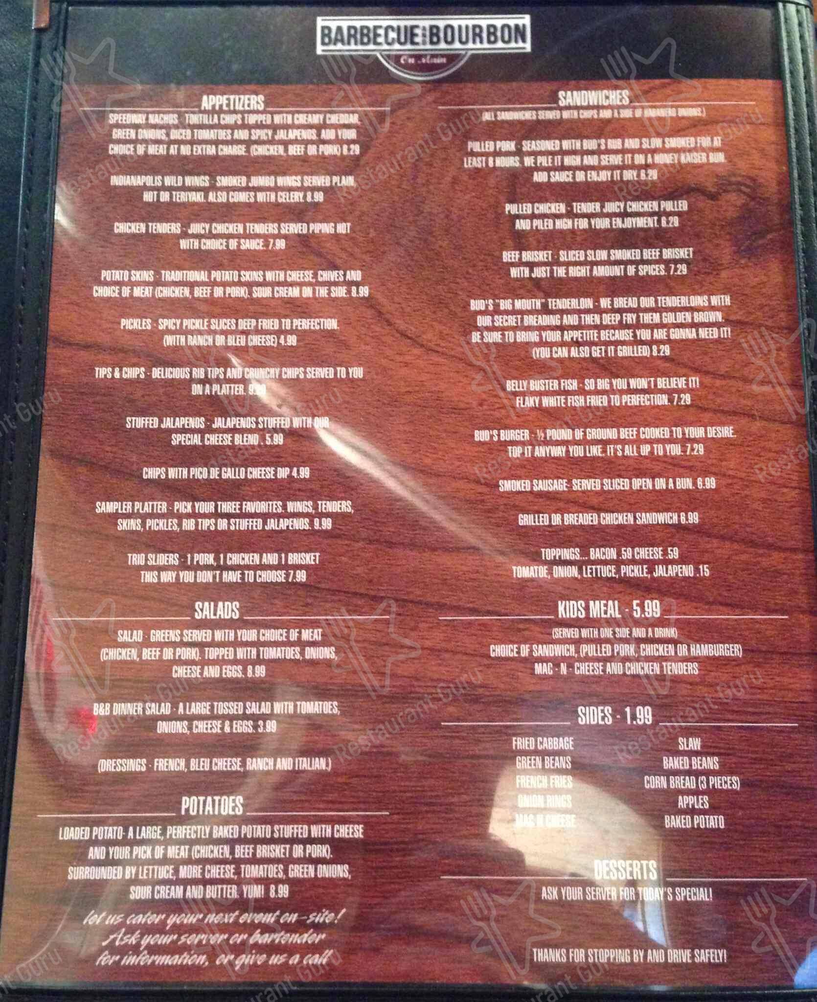 Barbecue and Bourbon menu