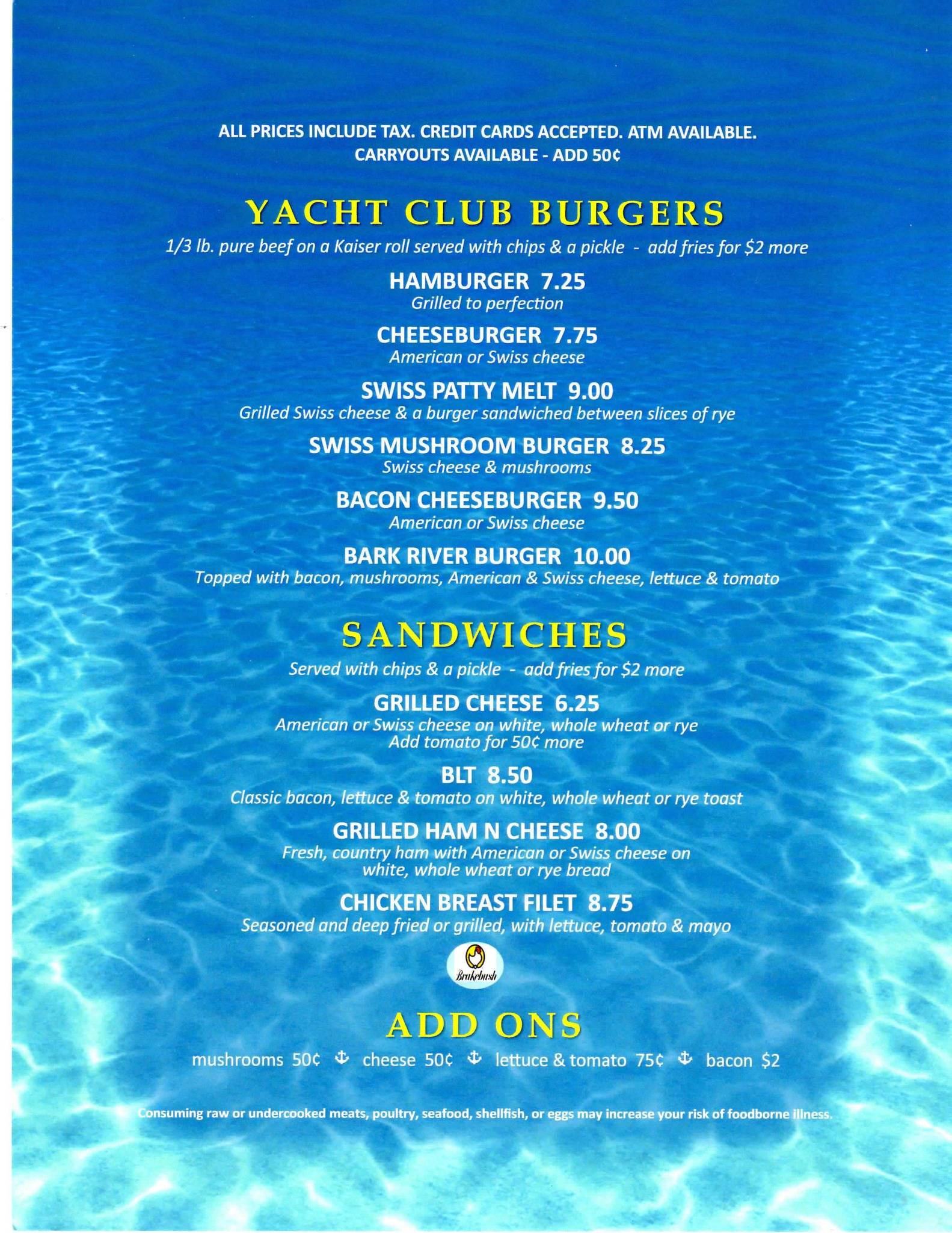 Menu at Bark River Yacht Club, Dousman