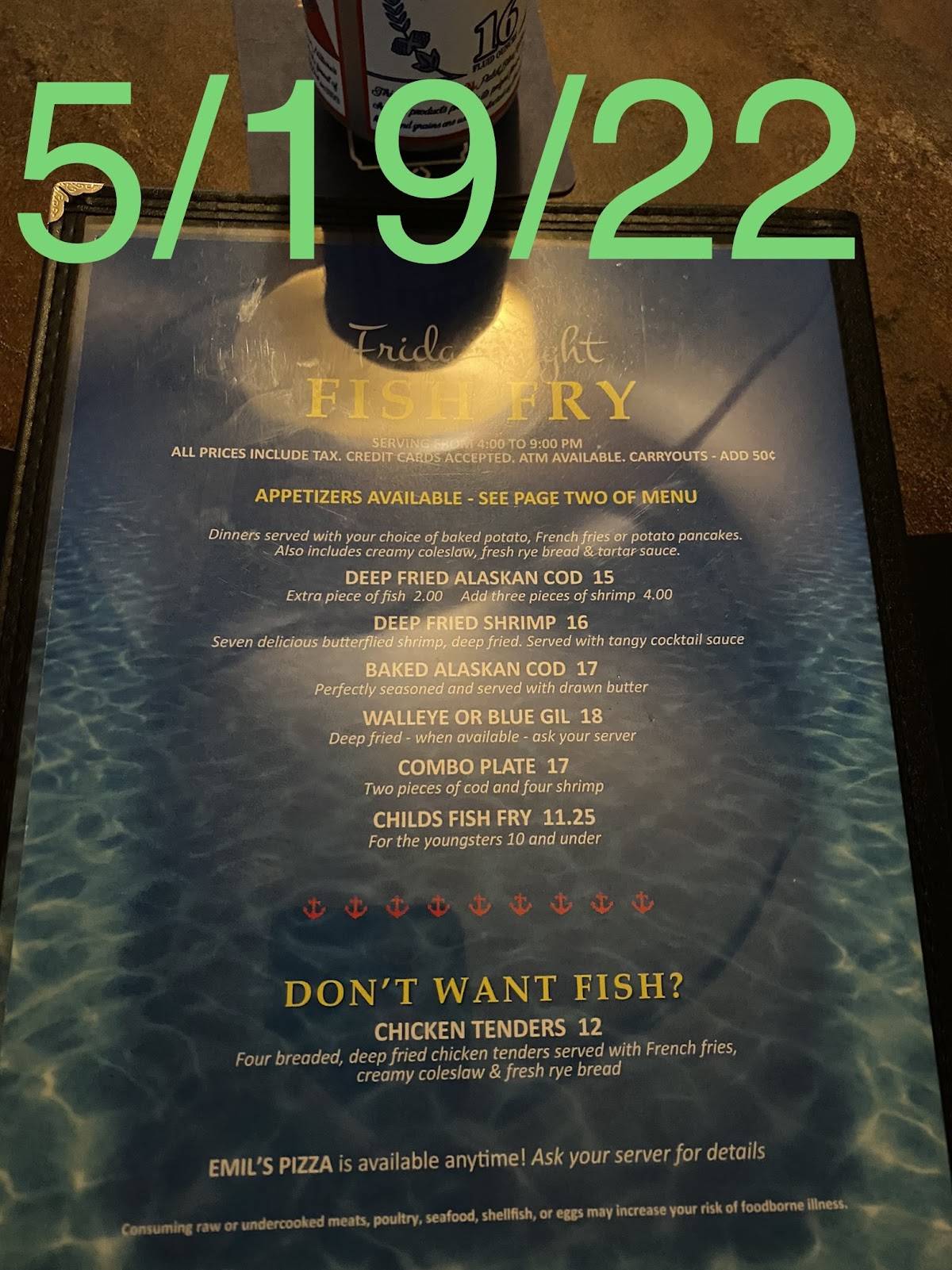 Menu at Bark River Yacht Club, Dousman