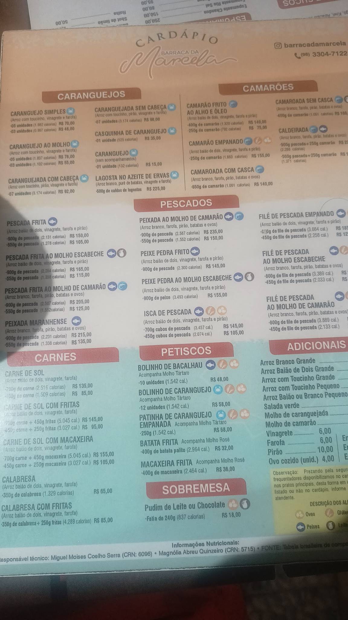 Barraca da Marcela cardápio