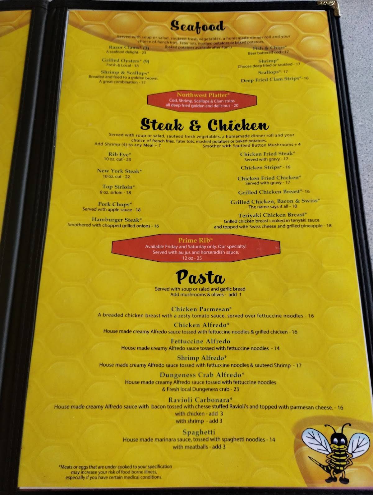 Menu at Beehive Restaurant, Montesano